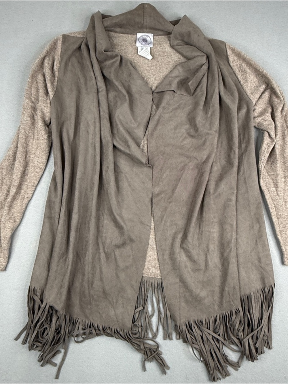 Muche & Muchette Fringe Cardigan One Size Taupe Faux Suede Western Boho